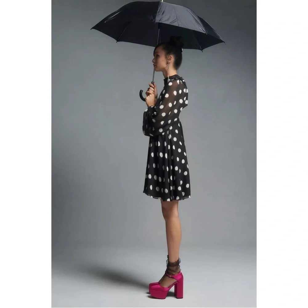 Anthropologie Maeve Black Sheer Long-Sleeve Polka Dot Mini Dress M NWT - Picture 3 of 11